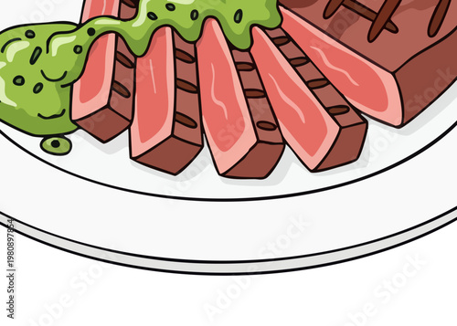 Delicious sliced steak with green sauce.