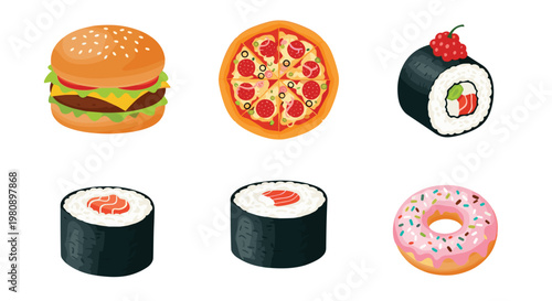 Assorted fast food and treats including a cheeseburger, pepperoni pizza slice, salmon sushi rolls, and a pink glazed strawberry donut.