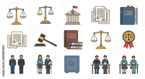 Collection of law and justice symbols including scales, gavels, courthouse buildings, legal documents, and professional lawyers at work.