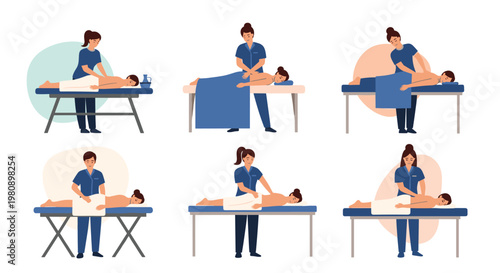 Set of professional massage therapy sessions showing various techniques and positions for relaxation and wellness treatments in a spa clinic.