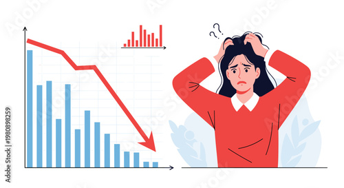Stressed young woman clutching her head in panic next to a declining business graph representing financial loss and economic crisis.