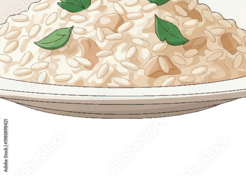 A plate of rice with green leaves on top.