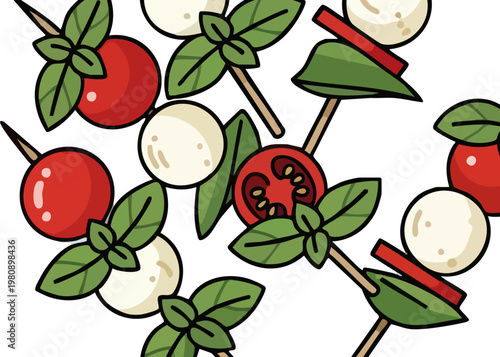Colorful illustration of caprese skewers.