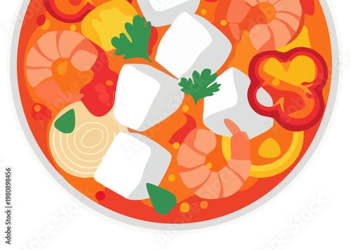 A vibrant illustration of a bowl of soup with vegetables and tofu.