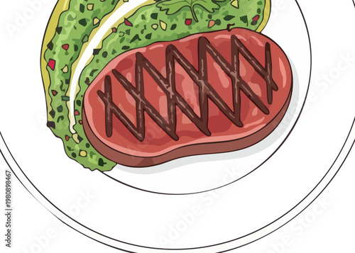 Illustration of a steak on a plate.
