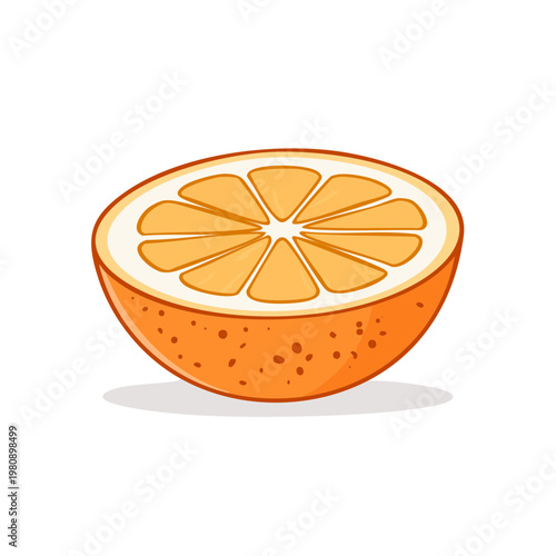 Brightly colored halved orange with segmented juicy interior, simple cartoon illustration.