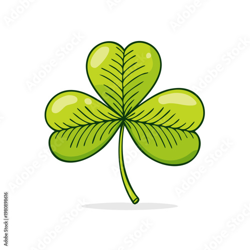 Vibrant green shamrock with three heart-shaped leaves and a stem, isolated on white