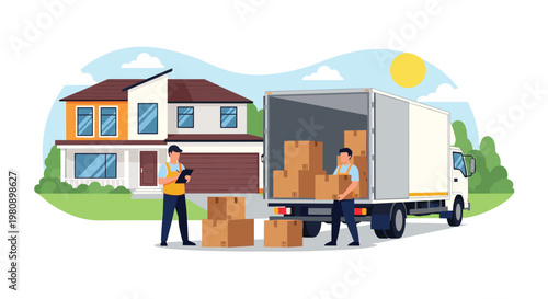 Professional movers loading cardboard boxes into a large transport truck in front of a modern residential house during a home relocation.
