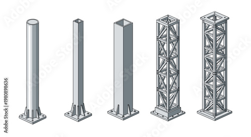 Set of various industrial metal truss pillars and structural supports in different shapes including round, square, and latticed designs.