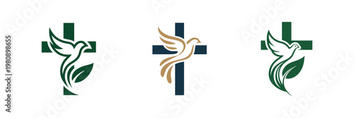 Set of religious symbols with cross and dove