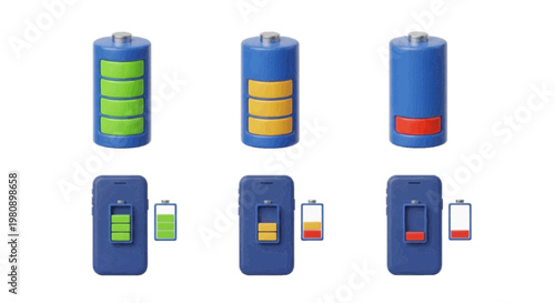 Vector illustration of set of battery charge level icons showing full, medium and low power status on a transparent background