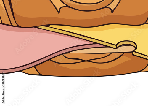 A cartoon sandwich with ham and cheese.