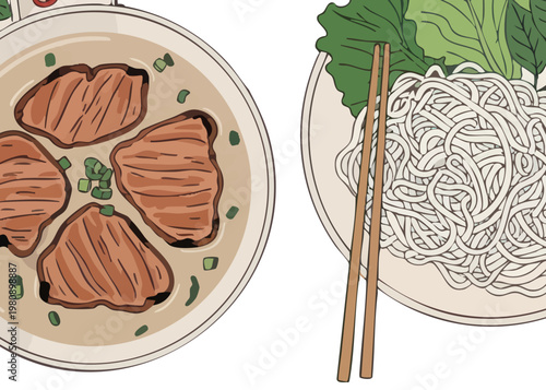 Delicious Asian noodle and meat dishes.