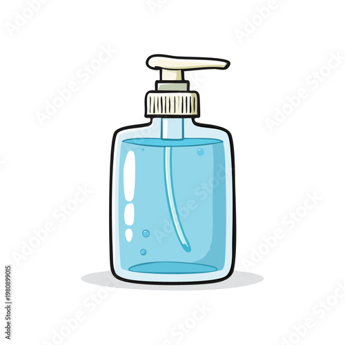 Transparent liquid hand sanitizer bottle with white pump dispenser and blue gel inside