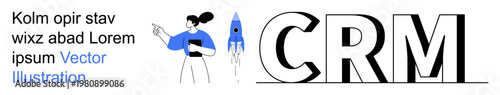 Customer relationship management, marketing, business strategies, innovation, brand growth, operational tools. Businesswoman pointing at rocket next to CRM text. CRM and marketing strategies concept