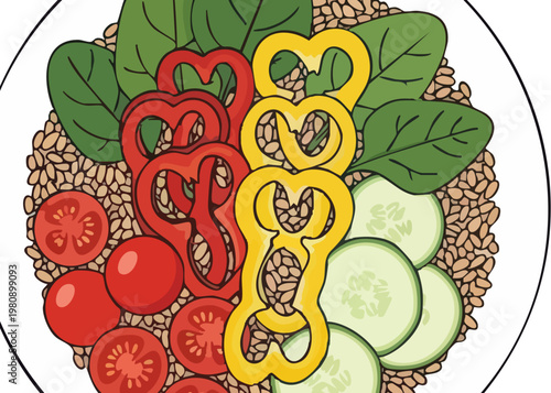 A colorful illustration of a healthy salad bowl with vegetables.