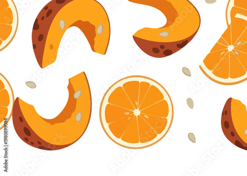 A vibrant illustration of orange slices and segments on a white background.