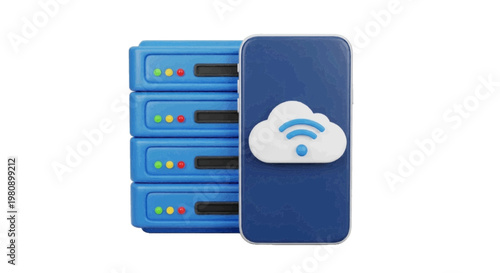 Vector illustration of 3d illustration of a smartphone connected to a stack of blue server units on a transparent background
