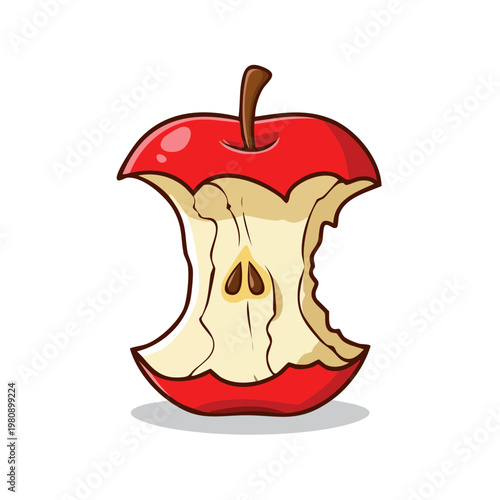 Single Red Apple Core with Seeds and Stem Isolated on White