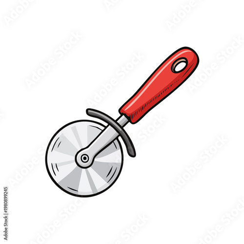 Hand-drawn illustration of a red-handled pizza cutter with a sharp stainless steel wheel