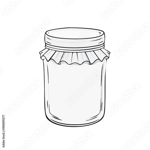 Hand drawn illustration of a glass jar with a ruffled fabric lid and metal screw band