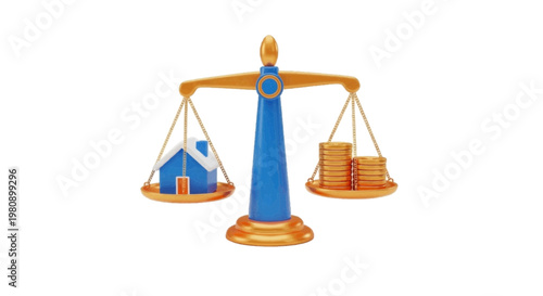 Vector illustration of 3d illustration of a house and gold coins on a balance scale on a transparent background