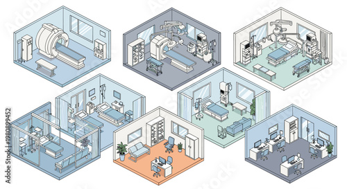 Detailed isometric views of various modern hospital rooms including mri scanning, surgery suites, patient bedrooms, and doctor offices.