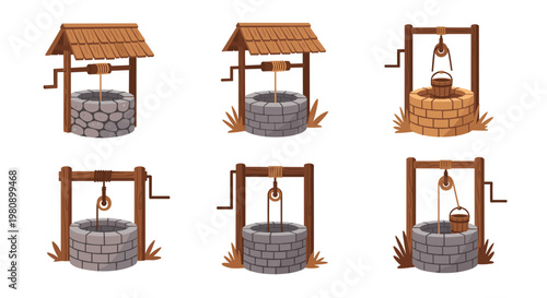 Collection of traditional stone water wells with wooden roofs and bucket pulley systems in various designs for village and garden scenes.