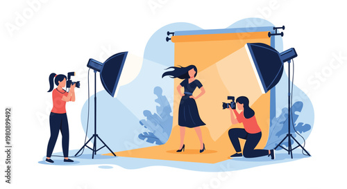 Fashion photography session in a professional studio featuring a model posing for photographers under bright studio lights and backdrops.