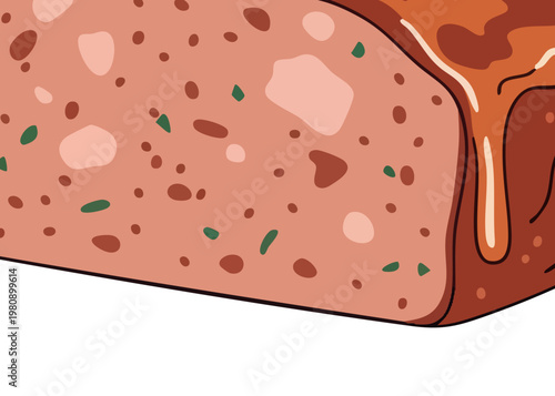 A slice of meatloaf with ketchup.