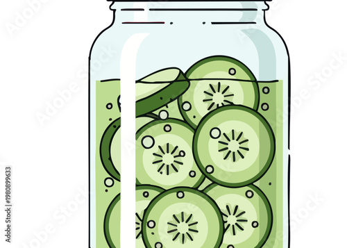 A jar of pickled sliced cucumbers.
