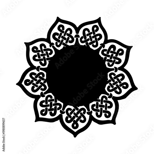 Vintage abstract floral lace ornament featuring a round vector frame design with ornate black silhouette elements and antique circular border decoration