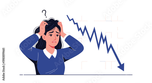 Worried young woman holding her head in distress while watching a sharp downward blue arrow indicating financial loss or market crash.
