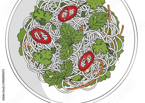 A plate of spicy noodle dish with herbs.