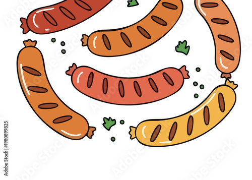 A colorful illustration of various sausages.