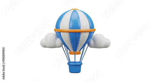 Vector illustration of 3d render of a blue and white striped hot air balloon on a transparent background
