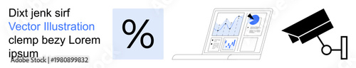 Data analytics, security monitoring, business statistics, financial analysis, surveillance, privacy. Percent symbol, laptop with charts security camera. Data analytics and security monitoring