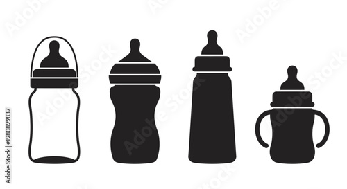Four different black silhouette illustrations of baby bottles are displayed