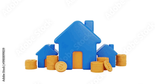 Vector illustration of 3d illustration of blue house models with stacks of golden coins on a transparent background