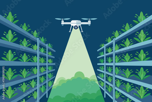 Drone Monitoring Indoor Farm Scene Vector Illustr