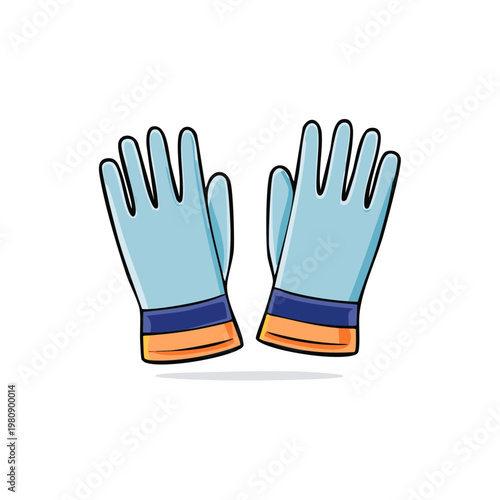Pair of light blue cleaning gloves with orange and dark blue cuffs
