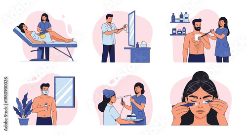 Various illustrations showing people undergoing medical and cosmetic treatments such as hair removal, skin care, and facial injections.