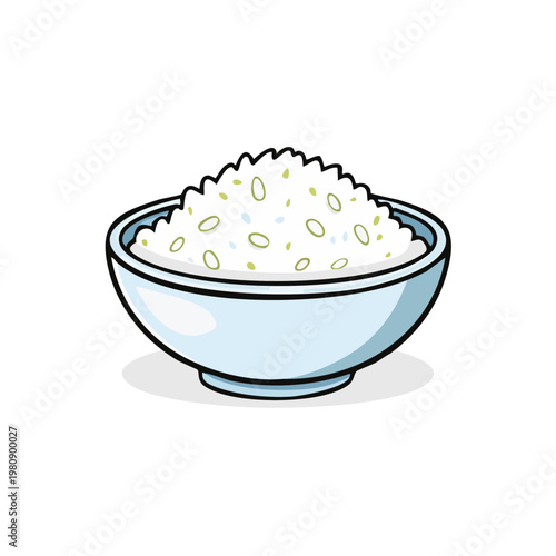 Bowl of steamed white rice with green specks, simple illustration, Japanese food, Asian cuisine staple