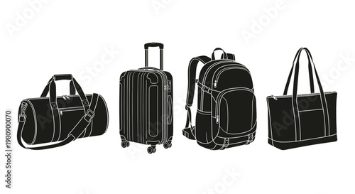 A collection of travel bags including duffels suitcases and backpacks