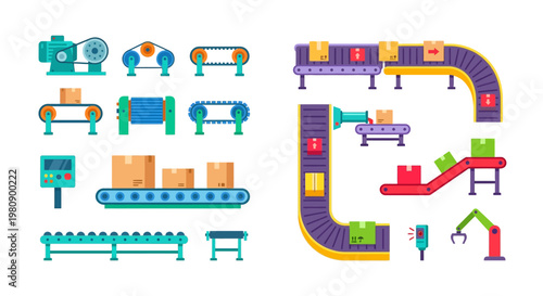 Automated factory conveyor system with robotic arm and package handling
