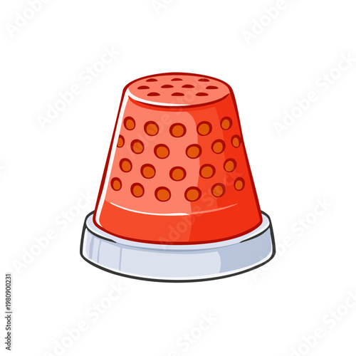 Red sewing thimble with circular perforations and a silver rim for protecting a finger