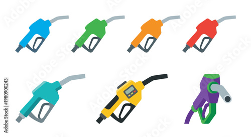 Colorful assortment of gas pump nozzles displayed in a grid pattern