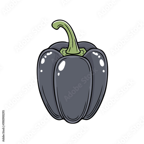 Illustration of a single dark purple bell pepper with a green stem, isolated on a white background.
