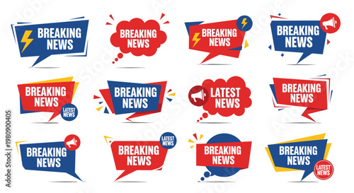 Variety of dynamic breaking news banners and labels in red, blue, and yellow with lightning bolts and megaphone icons.