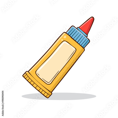 Yellow plastic squeeze bottle with red cap and blue nozzle for dispensing liquids